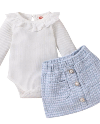 Baby Girl 2 Pcs Set. Rib Knit Doll Collar Long Sleeve Romper + Button Plaid Skirt